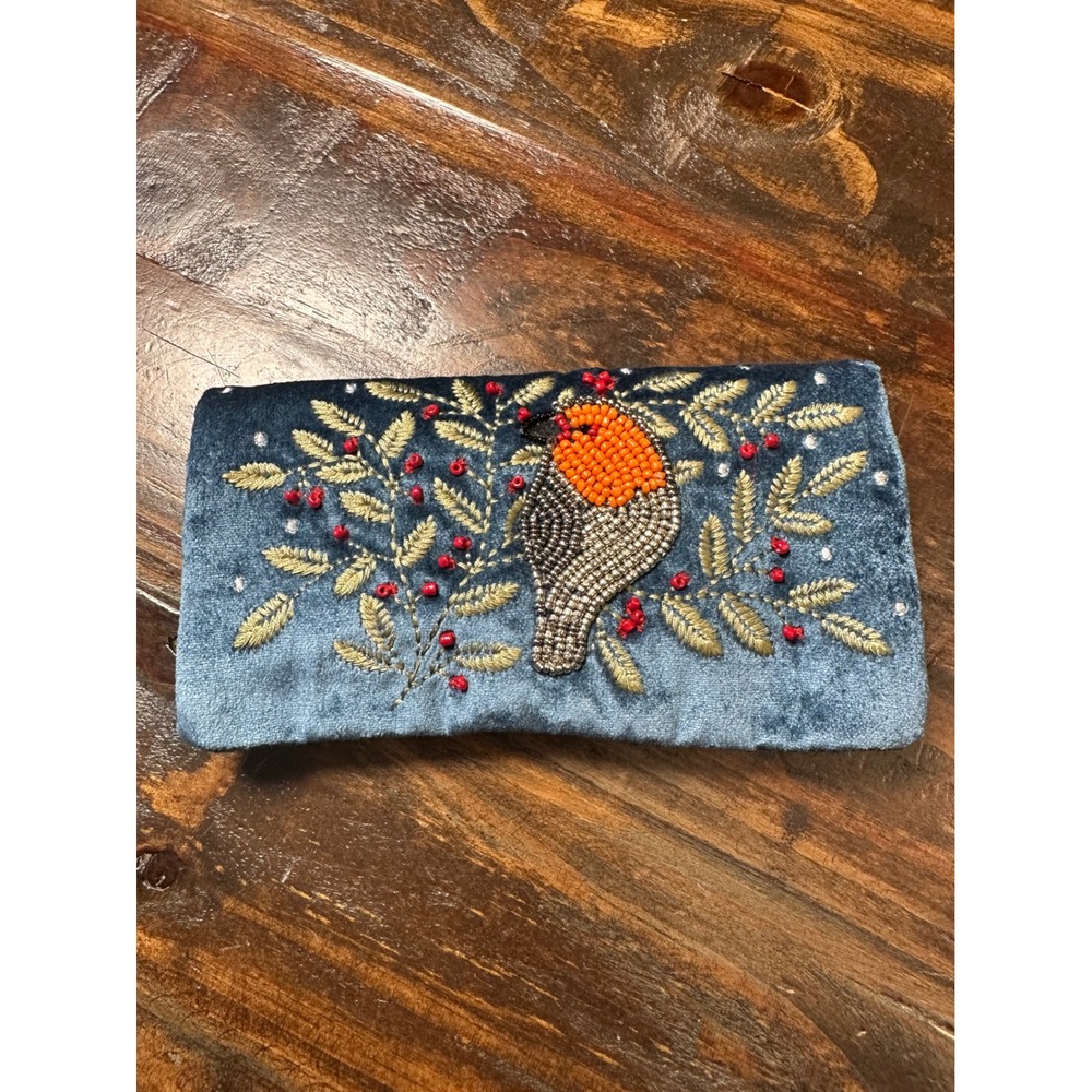 Blue Velvet Beaded Robin Bird Jewelry Roll Travel Organizer Case Embroidery